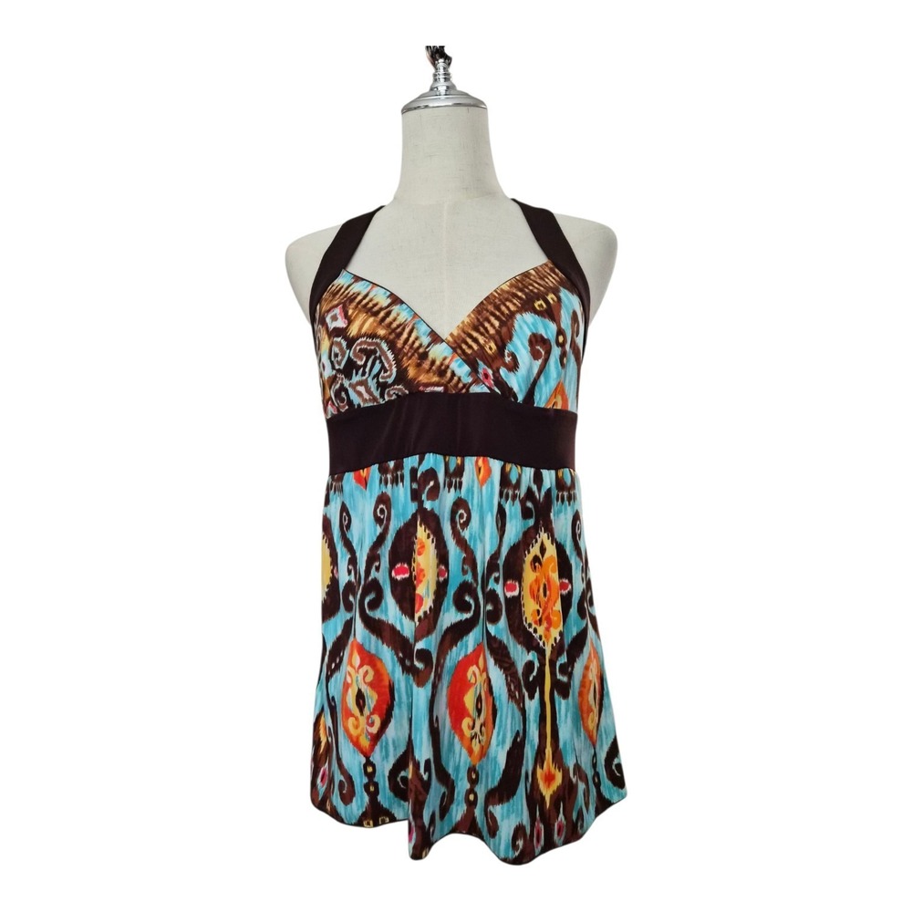 iZ Byer California Y2K Halter Top M Ikat Boho Festival Turquoise Brown